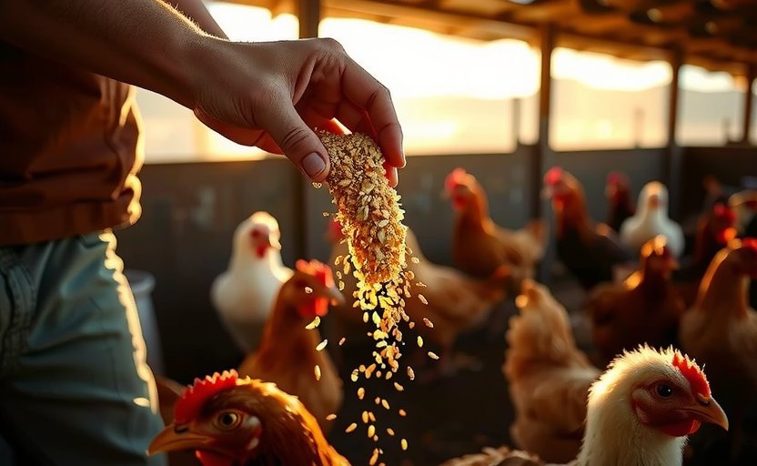 Farmer feeding chickens natural grains