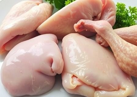 Variety of fresh chicken cuts including breast and thighs